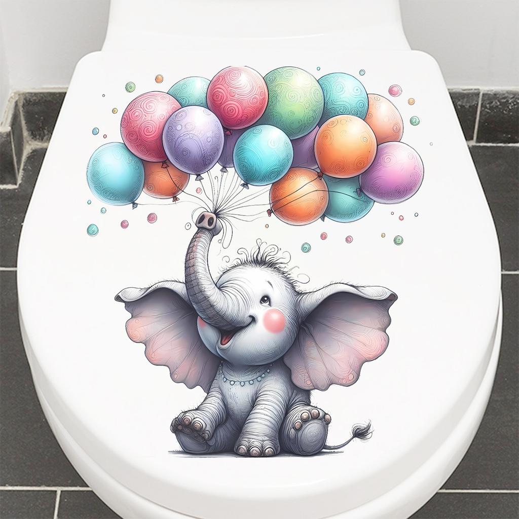 Watercolor Cartoon Elephant with Balloons Toilet Sticker Self-Adhesive Removable for Kids Bathroom Bedroom Decor