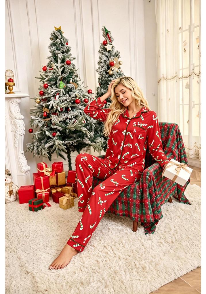 European & American Women's Christmas Lapel Pajama Set - Fashion Cardigan with Long Sleeve Top and Pants Two-Piece Homewear