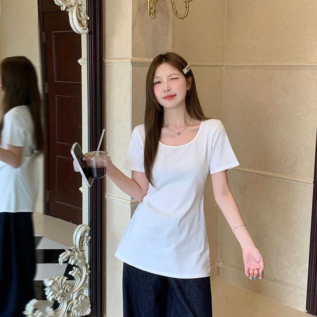Right Shoulder Summer New Slim Fit Waist Covering Belly Slimming Mid-length Chic Sweet Short-sleeved T-shirt