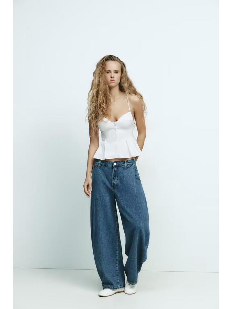 2025 Spring Sexy European & American Style Spaghetti Strap Pleated Poplin Top