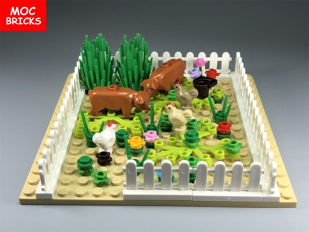 MOC Cihličky Vesnice Farma Zeleninové Pole Sad Scéna Zvířata Rostliny Kvočinec Model Figurky Stavebnice Hračky Dárky