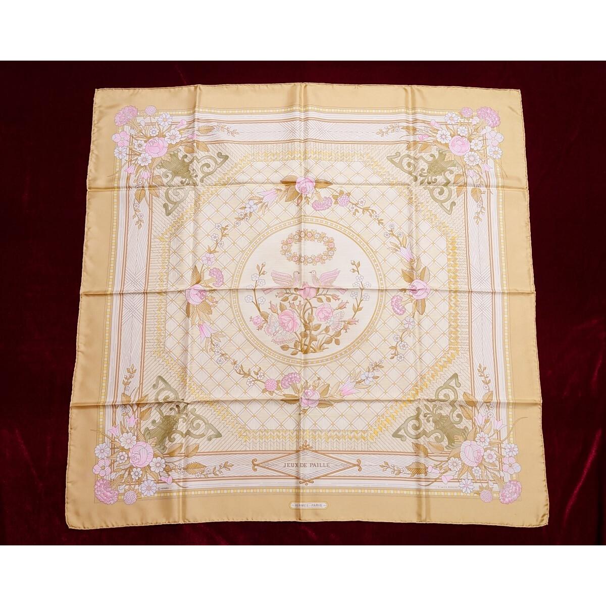 Used HERMES Hermes Carre 90 Scarf JEUX DE PAILLE Beige Straw Playing Flower Crown Bird