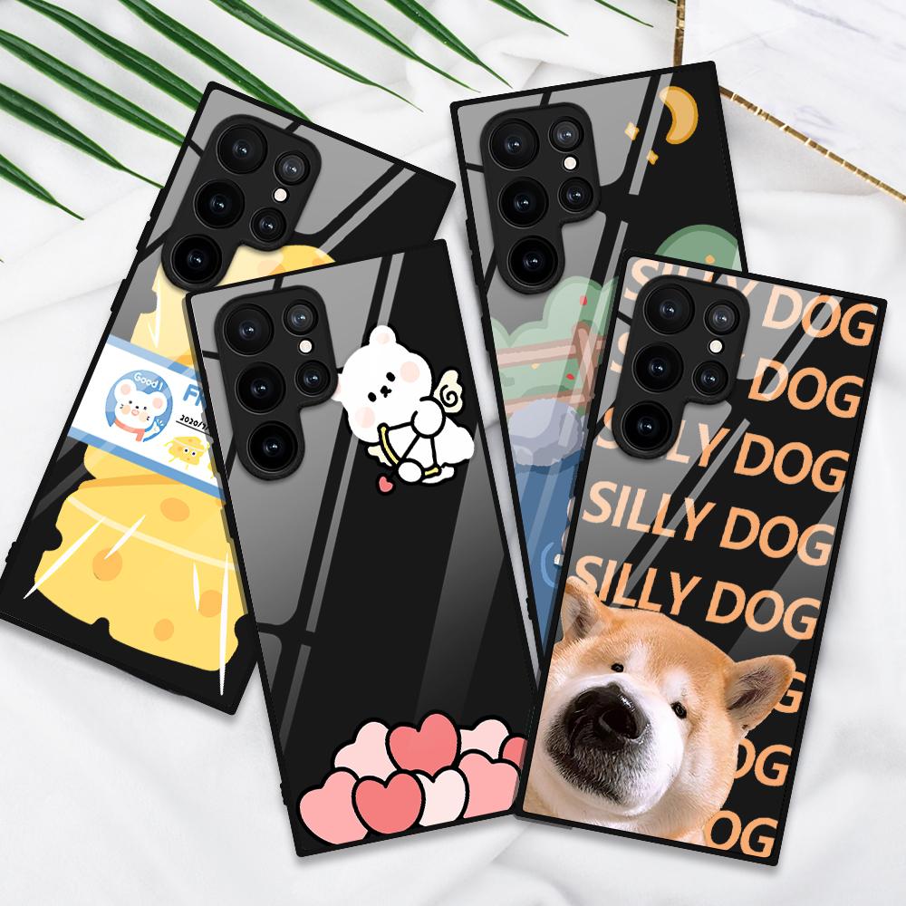 Phone Case For Samsung Galaxy S22 Plus Ultra Cartoon Cheese Glass Cases For Galaxy S20 Fe S21ultra S23plus S21fe Tpu Black Cover