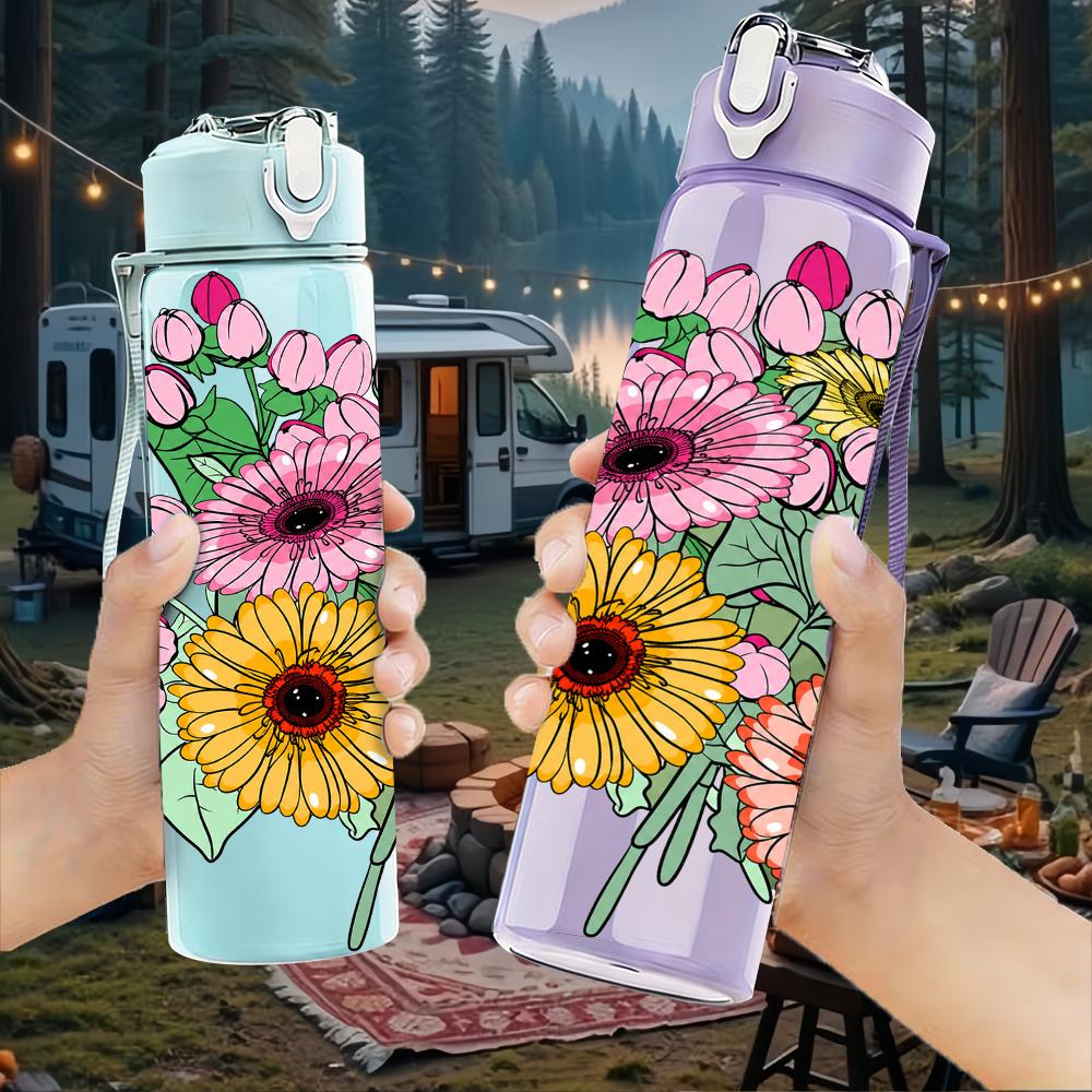1PC Daisy Sunflower Mixed Floral 750ml Color Plastic Sports Water Bottle Leakproof Flip Straw Lid Suitable for Sports Office Home Use