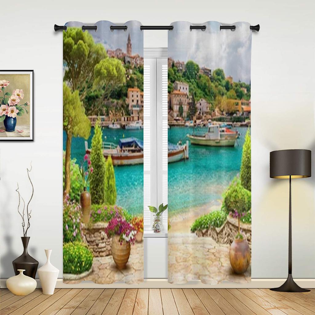 Eine Hafenstadt mit Booten Fenster Vorhänge für Wohnzimmer Schlafzimmer Luxus Modern Küchenvorhänge Stoff Vorhänge