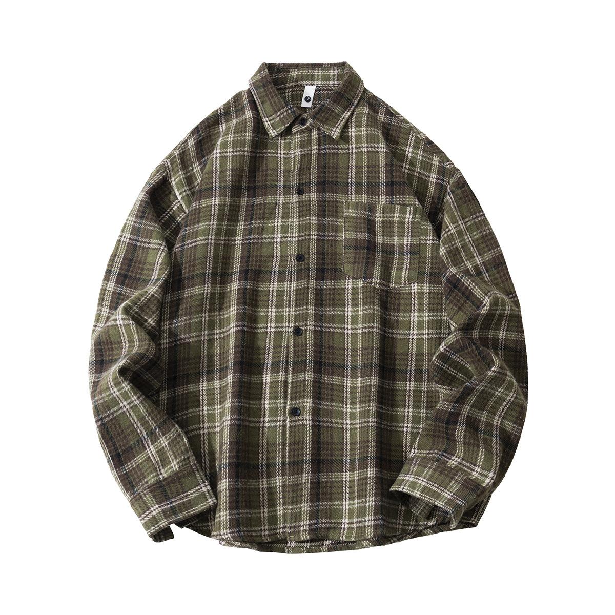 

Осенняя мужская потертая утолщенная клетчатая рубашка с длинным рукавом, мужская рубашка свободного кроя с лацканами 5XL армия зеленый