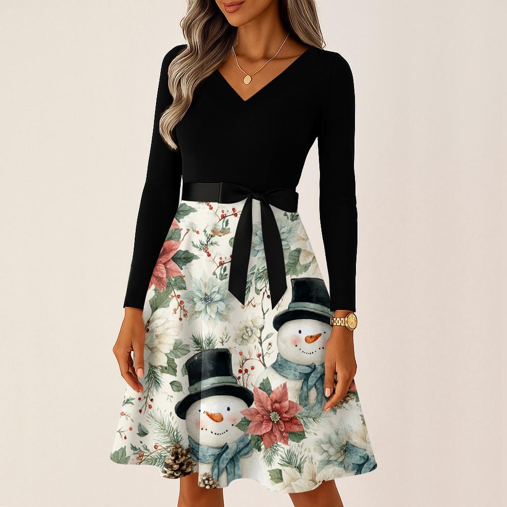 Ladies' Christmas Printed Casual And Fashionable V-neck Long Sleeved Dress