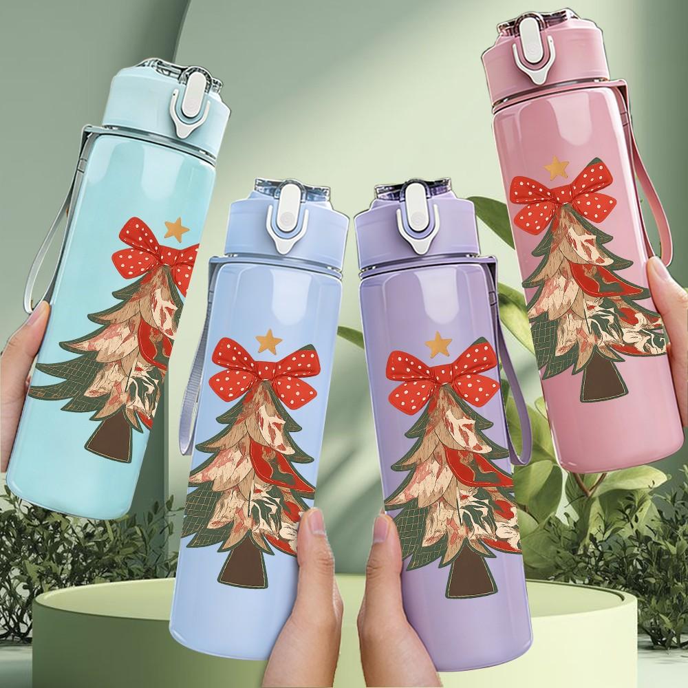 1PC Classic Christmas Tree Bow 750ml Color Plastic Sports Water Bottle Leakproof Flip Straw Lid Suitable for Sports Office Home Use