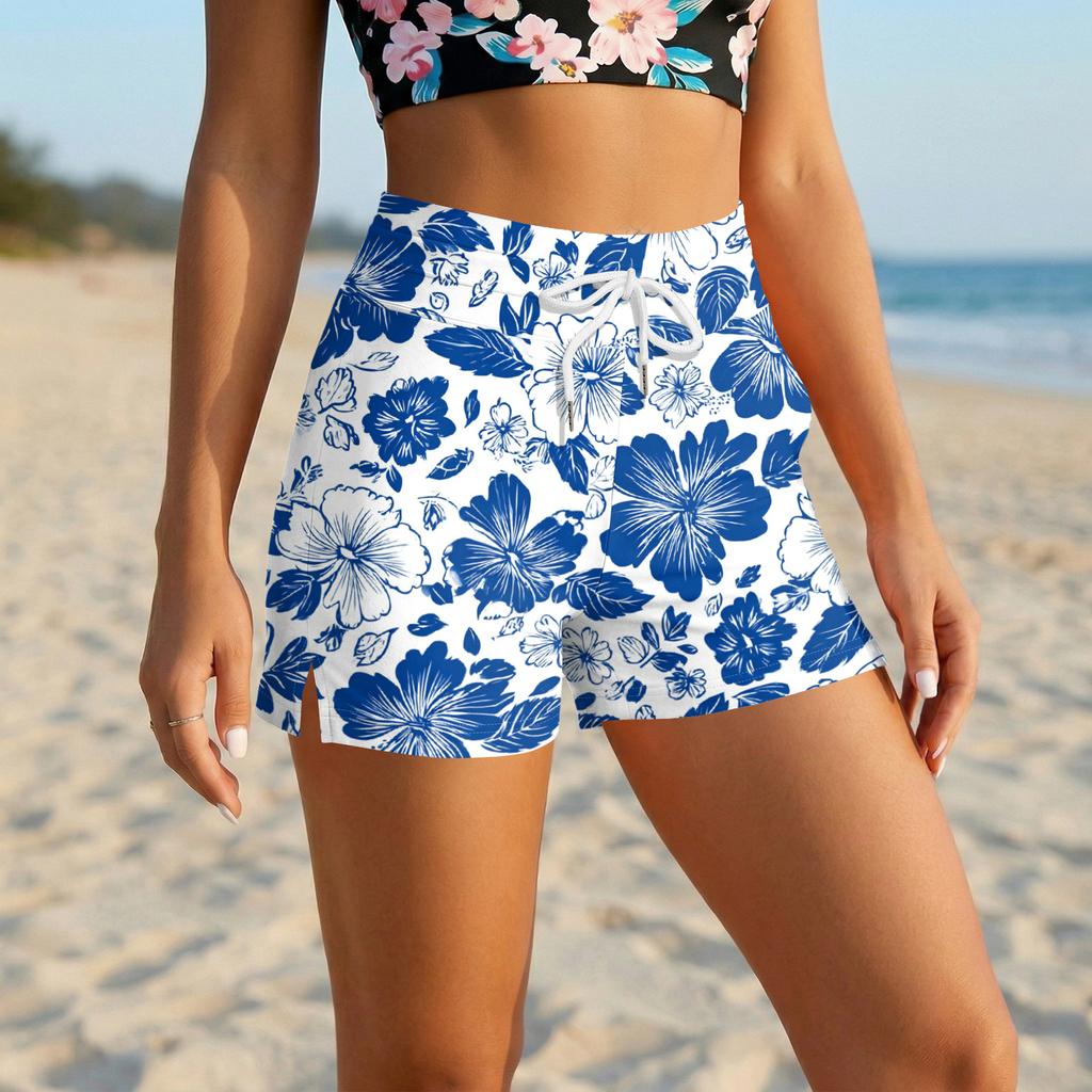 High Waist Drawstring Floral Print Shorts for Women Casual Loose Fit Summer Lightweight Breathable Elastic Waistband Shorts