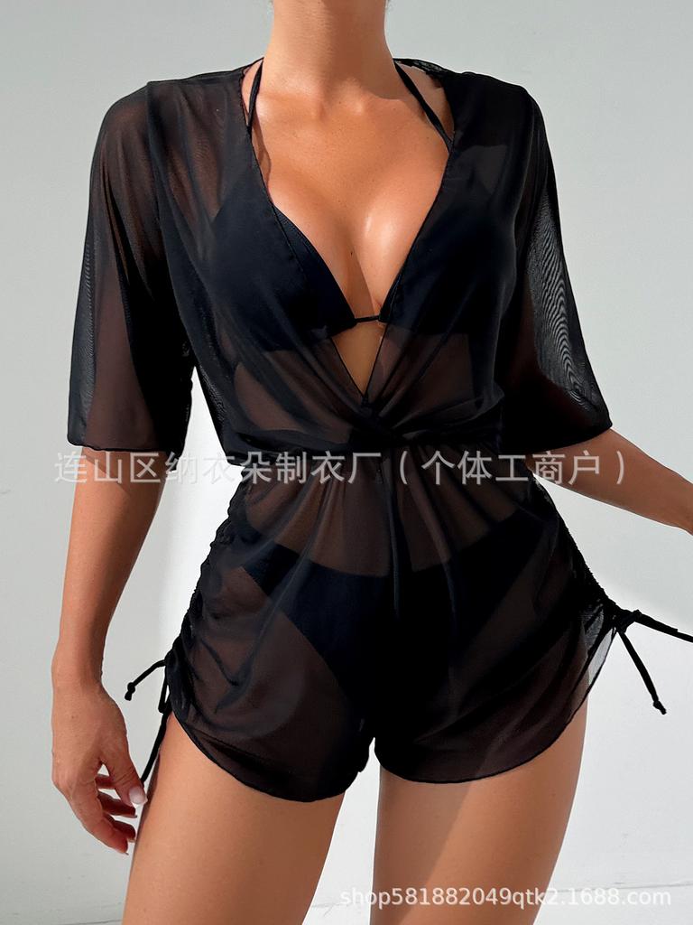 Swimsuit Beach Sunscreen Tropical Plant Printed Blouse Swimsuit Women's Three-piece Neck Bikini