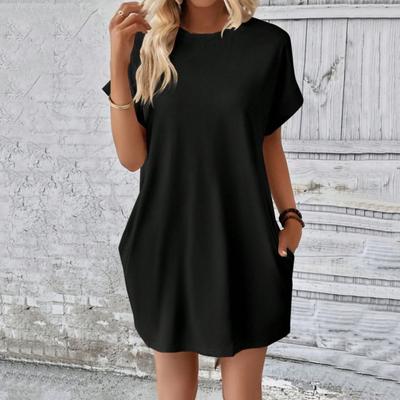 Women Dress Round Neck Short Sleeves Side Pockets Loose Solid Color Above Knee Length Dolman Sleeve