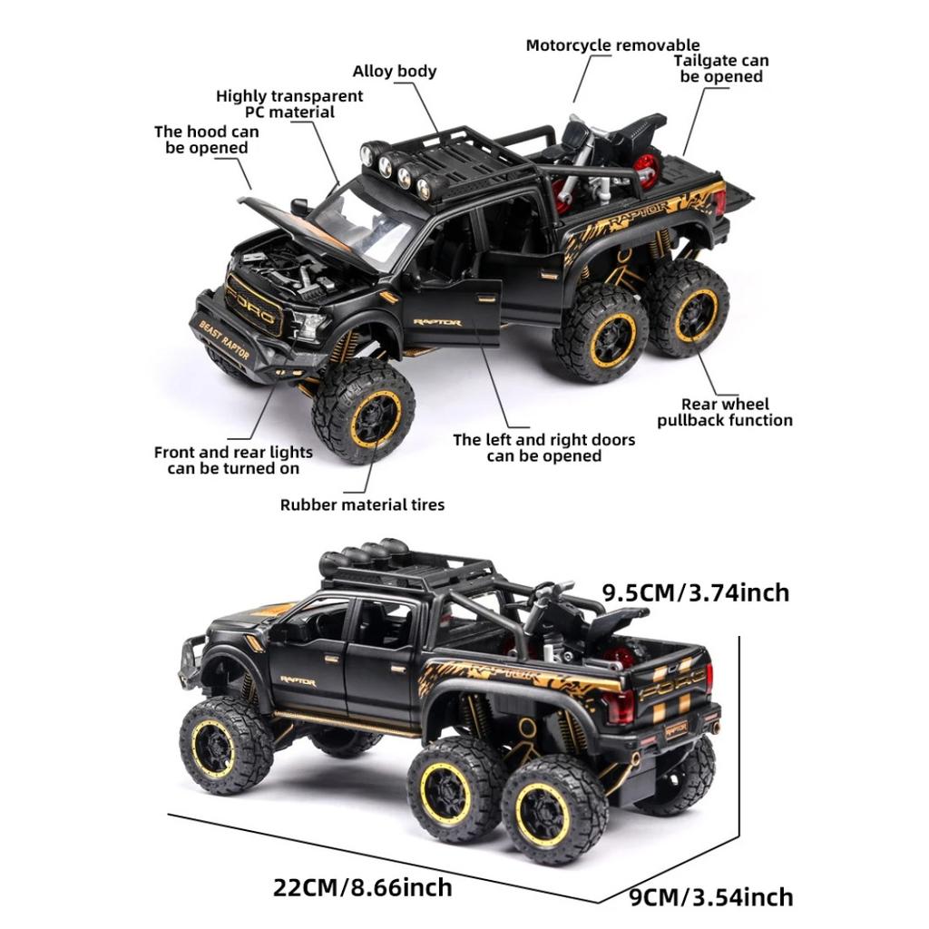 1/24 FORD Pickup Trucks for Boys F150 Raptor Diecast Metal Model Car with Sound and Light for Kids Age 3 Year and Up Blue