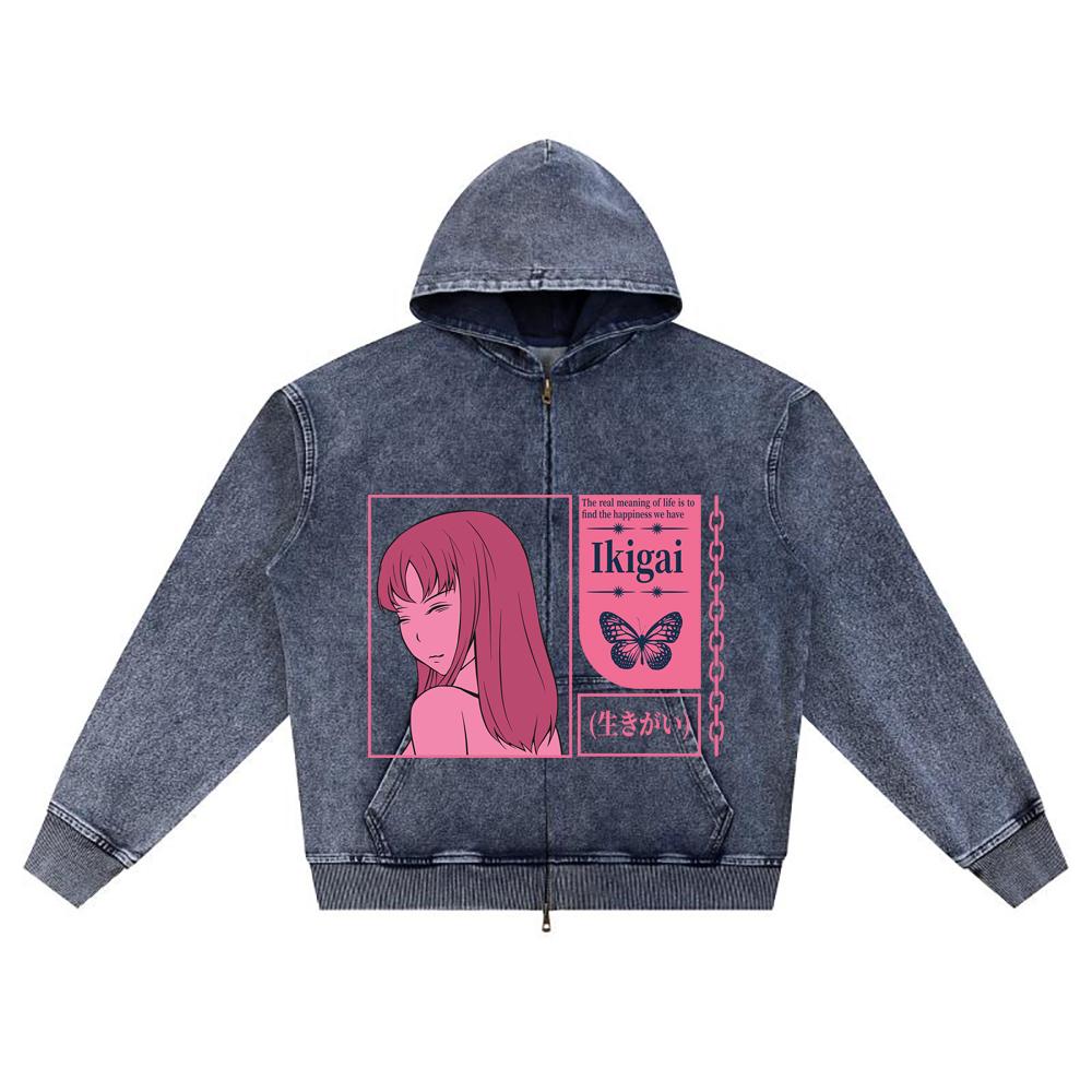 

DTG print Knitted Denim Zip-Up Hoodie anime streetwear 30 Brother Print Zipper Hoodies XL темно-синий