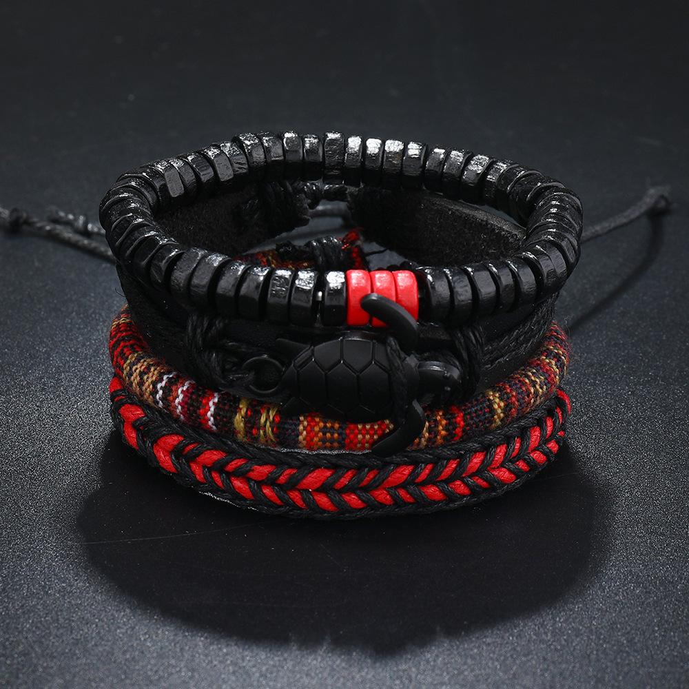 Men's Simple Hand-woven Bohemian Colored Leather Bracelet Turtle Alloy Accessories Set Hand Rope