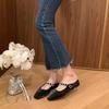 Inner heightening version~ Leather silver thick-bottomed bag head slippers women's rhinestone word with slope heel sandals Muller half slippers