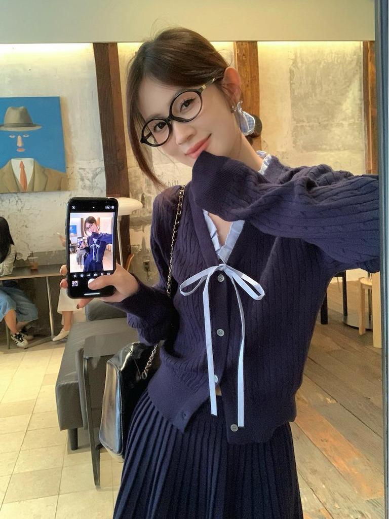 Korean Preppy Ruffle Knit Cardigan & Pleated Midi Skirt Set for Women (Autumn/Winter)
