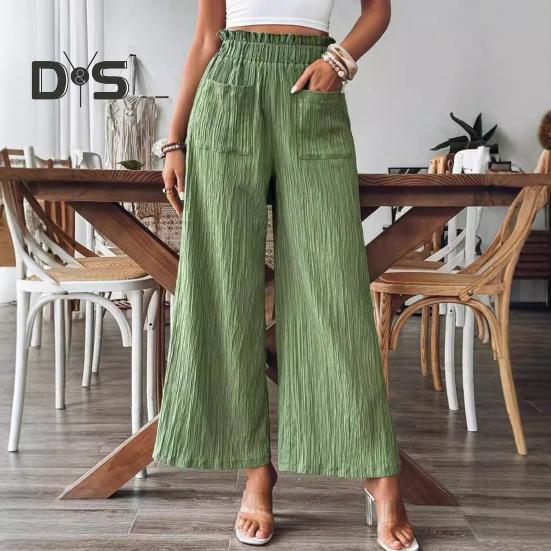 Women Summer Pants Elastic High Waist Casual Trousers with Pockets Solid Color Wrinkles Loose Fit Pants