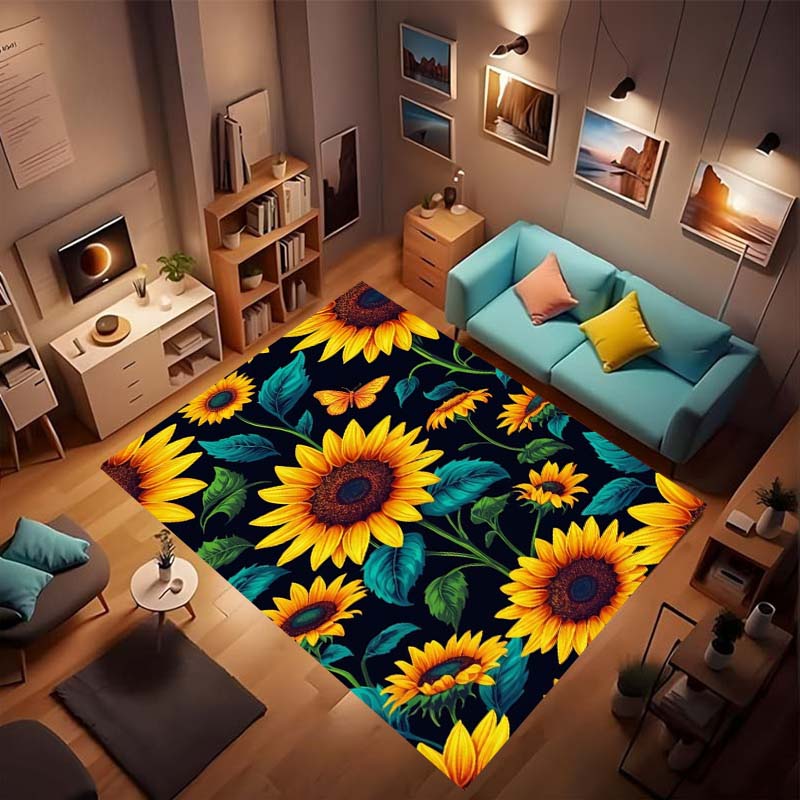 Customizable sunflower pattern non-slip rug, soft flannel, washable, non-slip backing, suitable for living rooms, bedrooms, bath