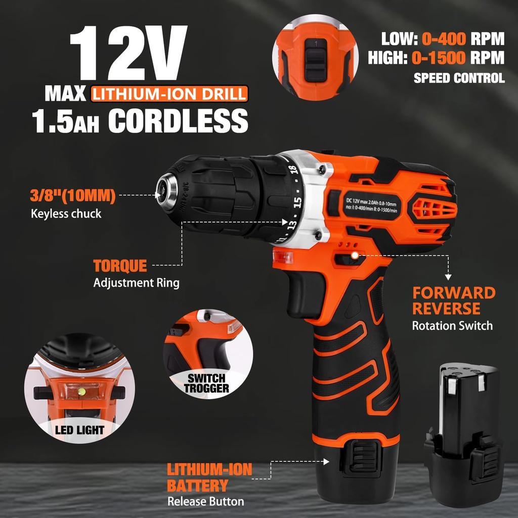 255-Piece Tool Set with 12V Cordless Drill, Storage Case, DIY & Home Repair Kit