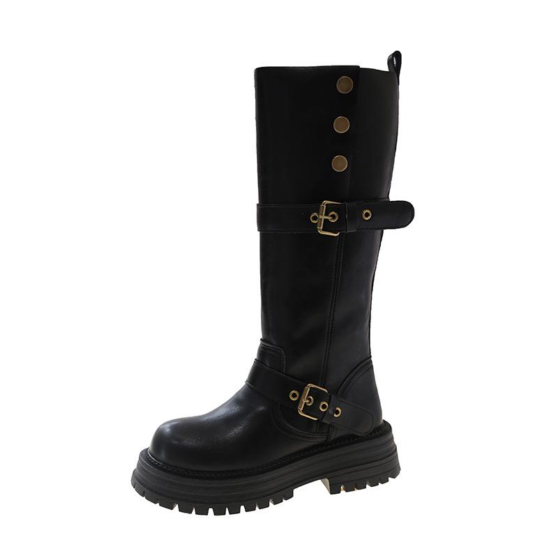 New Fashion Thick Soled Knee High Boots For Women, Retro British Style Belt Buckle Knight Boots, Versatile Long Boots