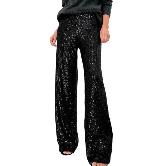 Women Pants Mid-rise Solid Color Sparkling Sequins Casual Trousers Wide Leg Stage Dance Pants