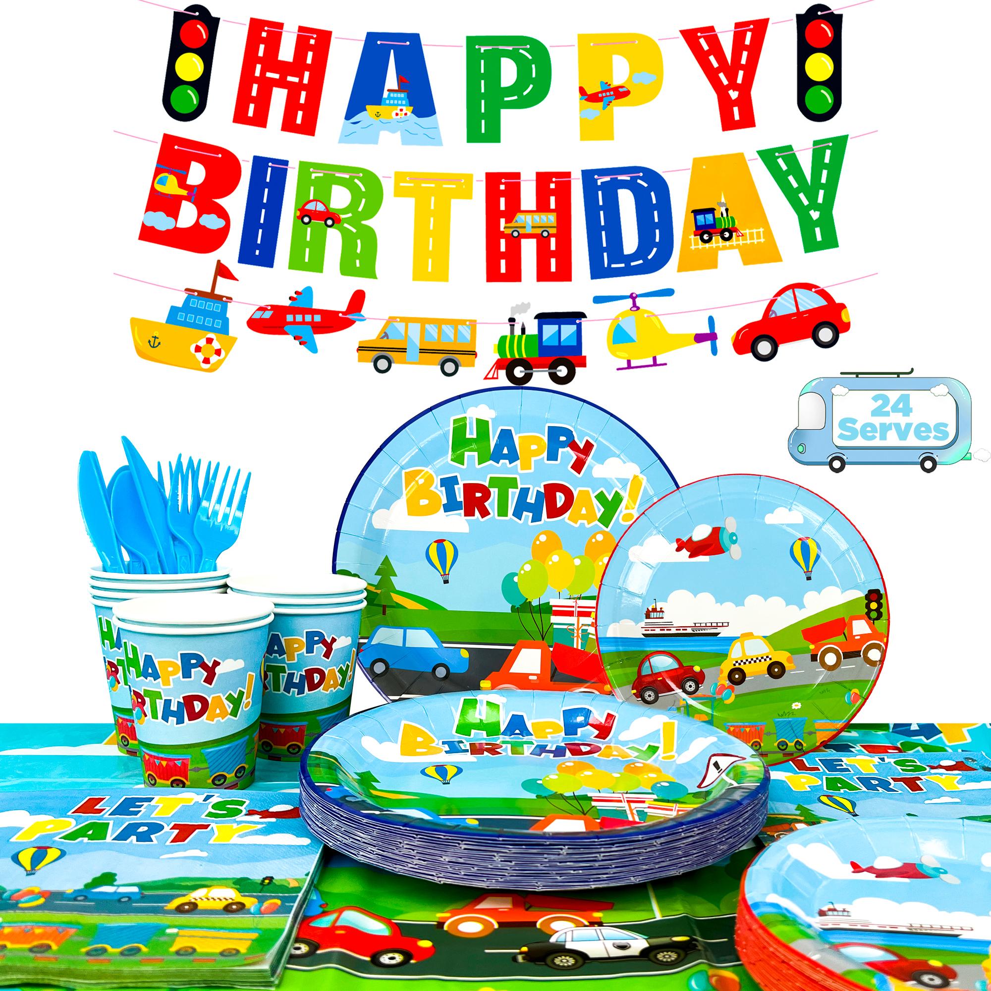190pcs Transportation Birthday Party Supplies, Transportation Party Tableware Set-Banner Tablecloth Plates Napkin etc синий