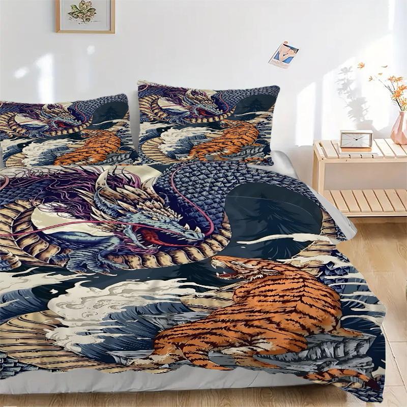 

3PCs Dragon Tiger Print Design Cover Set, Breathable Fabric, Machine Washable (1 Duvet Cover + 2 Pillowcases) (Without Quilt) yy250911109 135x200cm