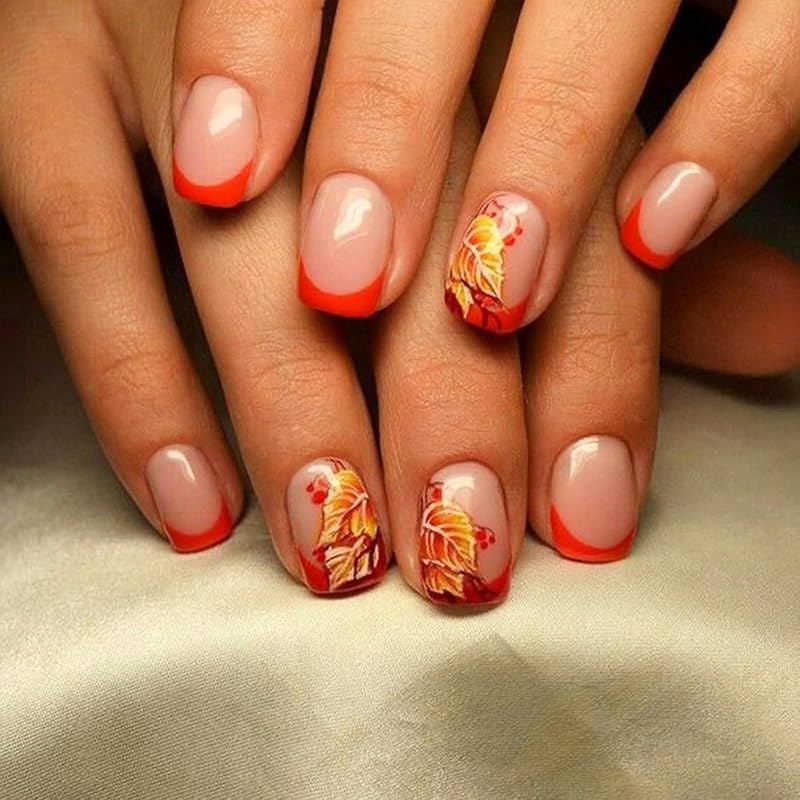 Fall Press On Nails Medium Square Fake Nails with Designs Maple Leaf Stick On Nail Thanksgiving Acrylic False Nail Bling Sequins Artificial Nail