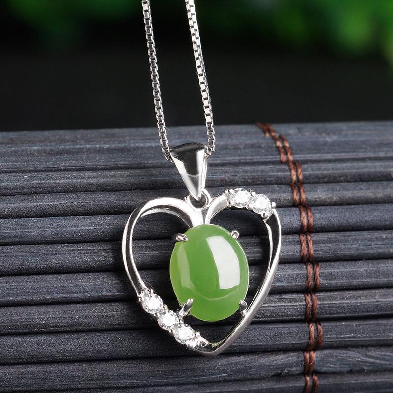 925 Sterling Silver Heart-shaped Jade Pendant Necklace with Certificate - Green Hetian Jade for Women