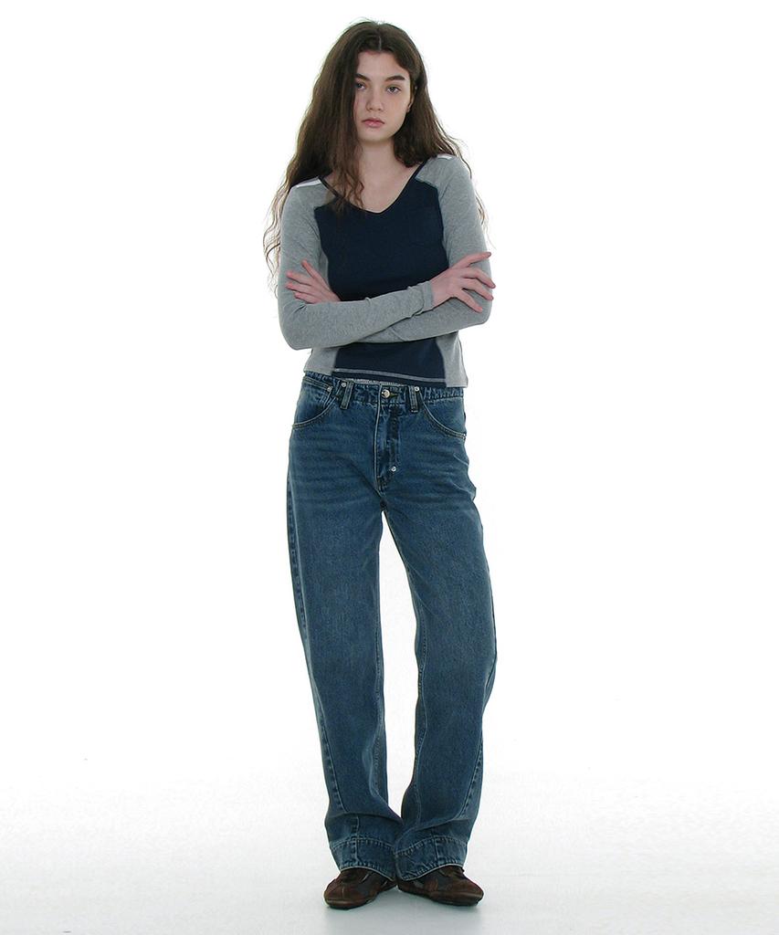 PARTIMENTO WOMEN Cut-Out V-Neck Colorblock Long Sleeve Tee_Navy