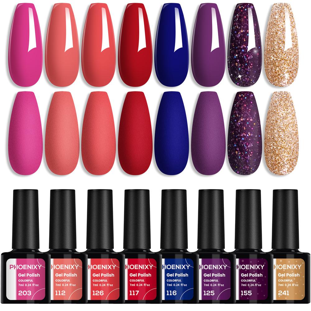 PHOENIXY Gel Nail Polish Set 8PCS Colorful Hybrid Gel Polish Kit for Manicure Soak Off Need Base and Top LED Lamp Nail Art