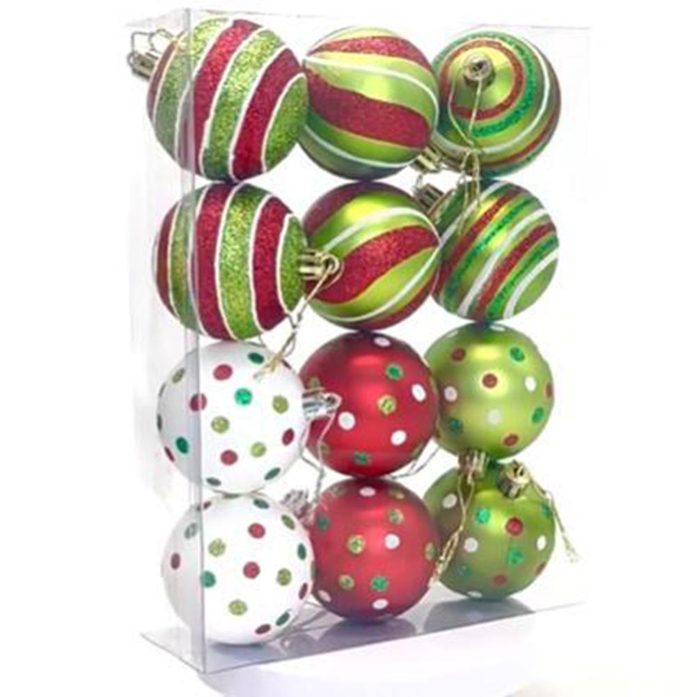 

12PCS handpainted Christmas ball decorations featuring snowflake polka dot and tree motifs made from shatterproof plastic
