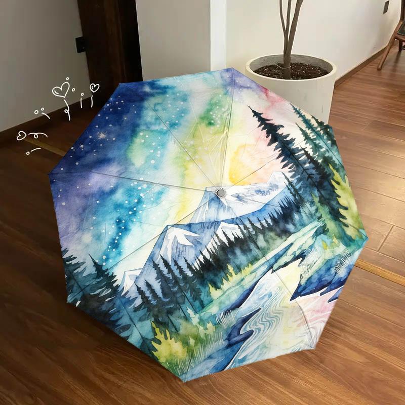 1pc mountain river Automatic Folding Umbrella, Heavy Duty 8 Rib Iron Frame, Suitable for Travel, Daily Use, Birthday, Decor Gift 11