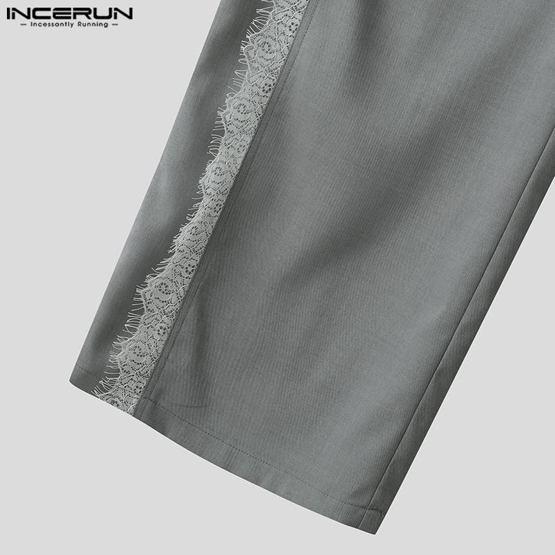 INCERUN Men Zip-up Waist Side Lace Patchwork Casual Long Straight Pants