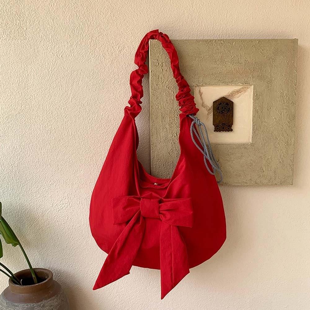 Solid Color Bow Decor Dumpling Bag Tote Large Capacity Pleated Strap Crossbody Bag Nylon Polyester Korean Sweet Shoulder Pouch