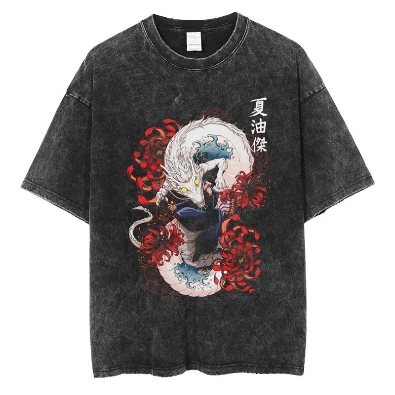 Vintage Gewaschenes Herren T-Shirt Anime Jujutsu kaisen Kurzärmelig Oversized Harajuku Herren Kleidung Tee Hip Hop Unisex Baumwolle Hohe Qualität Kurze Ärmel