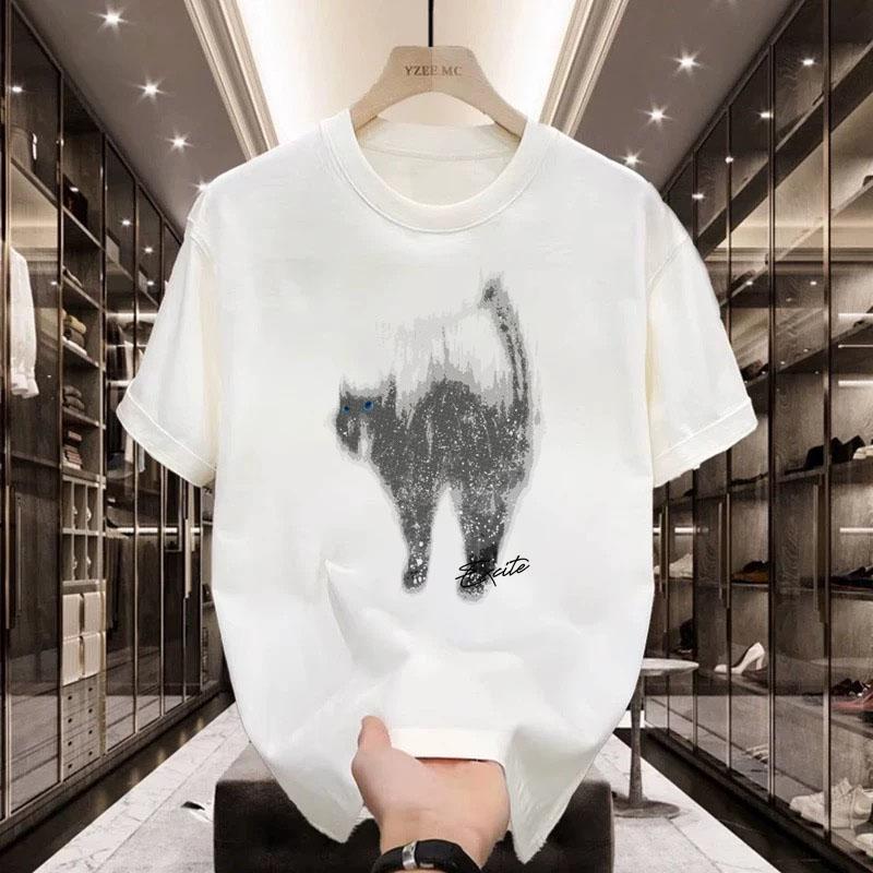 American Style Heavyweight Niche Fluffy Cat Short Sleeve T-Shirt for Men Summer Couple Loose Top Trendy