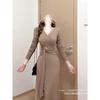 Temperament Pink Twist Neck Long Sleeve Dress Women's Autumn Slim Strap Skirt Split Fork Waist Hip Wrap Long Dress