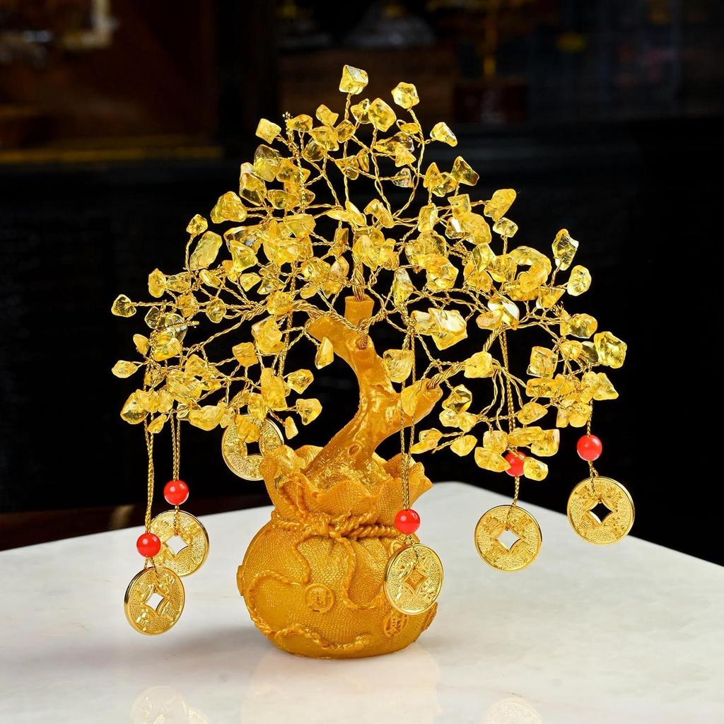 Citrine Crystal Money Tree with Feng Shui Coins – Wealth & Prosperity Tree for Home & Office Décor – Spiritual Gift for Good Luck