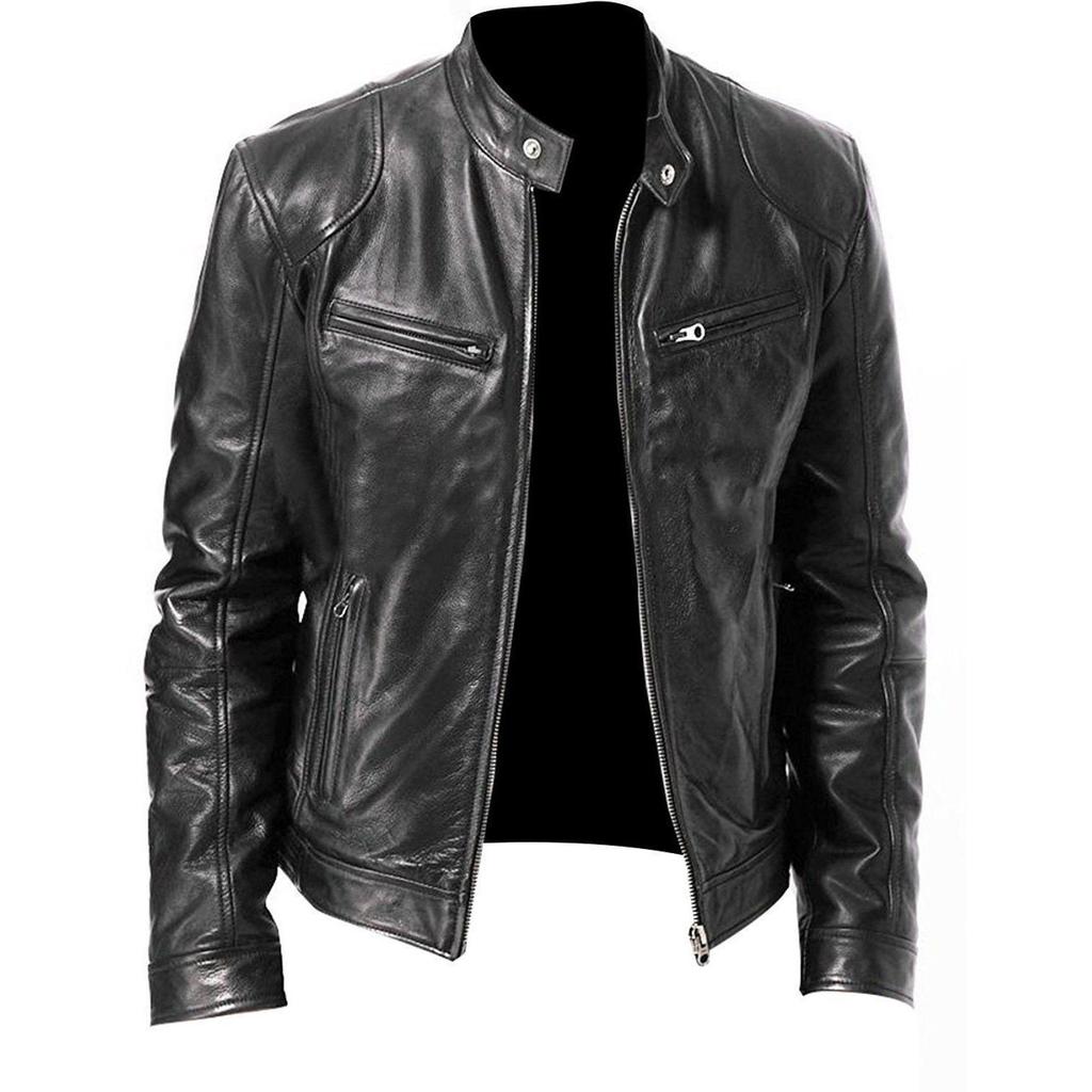 Slim Men's Leather Jacket Fashion Men's Motorcycle Jacket Stand Collar Zip Slim Jacket