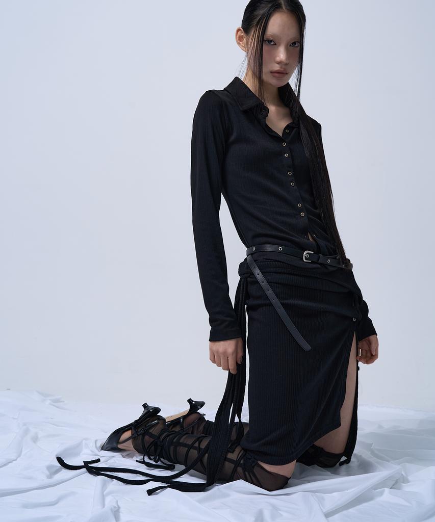 ZIZEMUSEUM Layerable Button Wrap Skirt (Black)