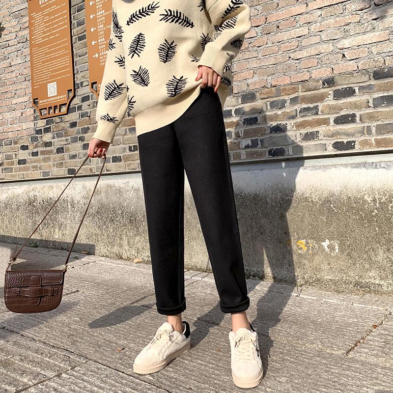 Fashion Thick Solid Woolen Harem Pants Women Autumn Winter Loose Straight High Waist Long Trousers Women Pockets Plus Size Wool Wide Leg Pants 30969