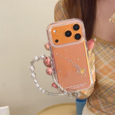 Fashion Glitter Star Clean Phone Case with Pearl Chain for iPhone 17 Pro 15 Pro 13 14 16 Pro Max 17 Cover Silicone Funda Cases