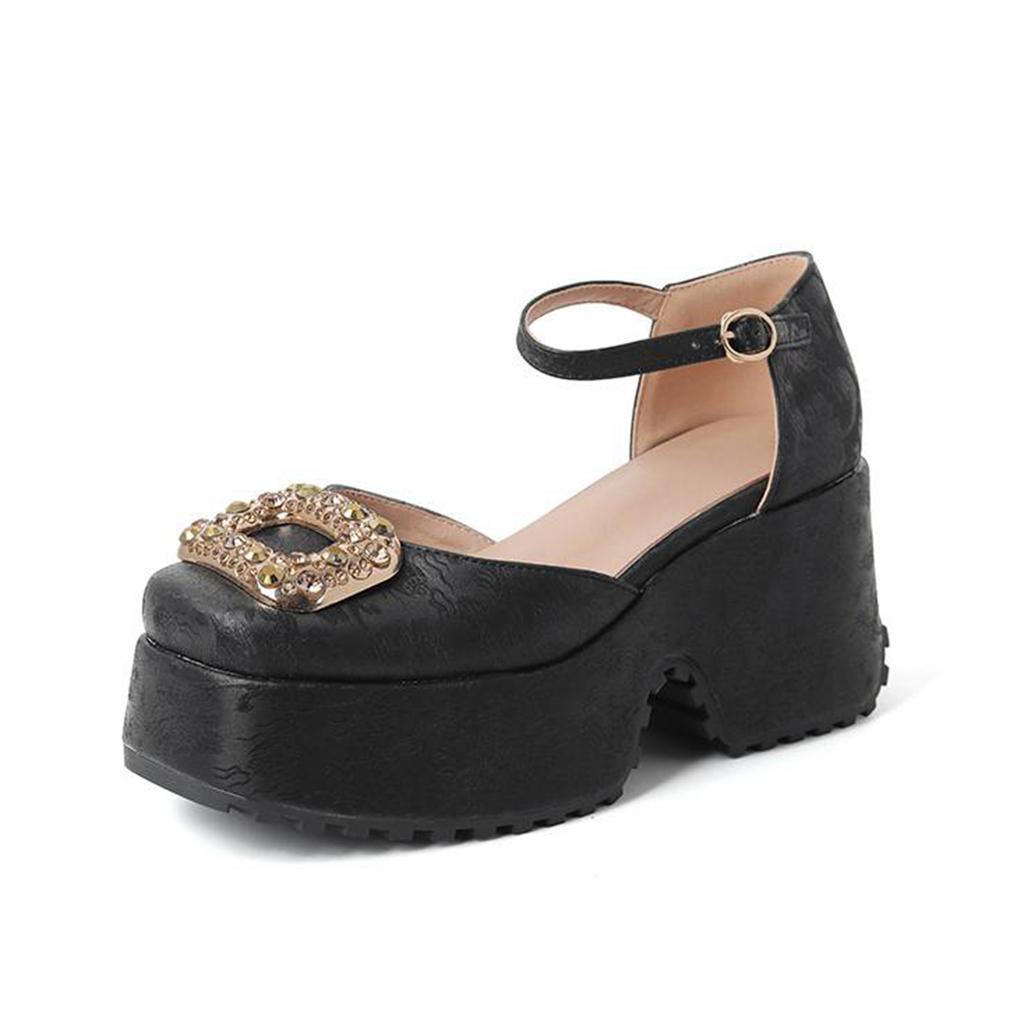 Krazing Pot Polyurethane Spring Summer Size 43 Size 42 Women Platform Women Square Toe Buckle Thick Bottom Pumps