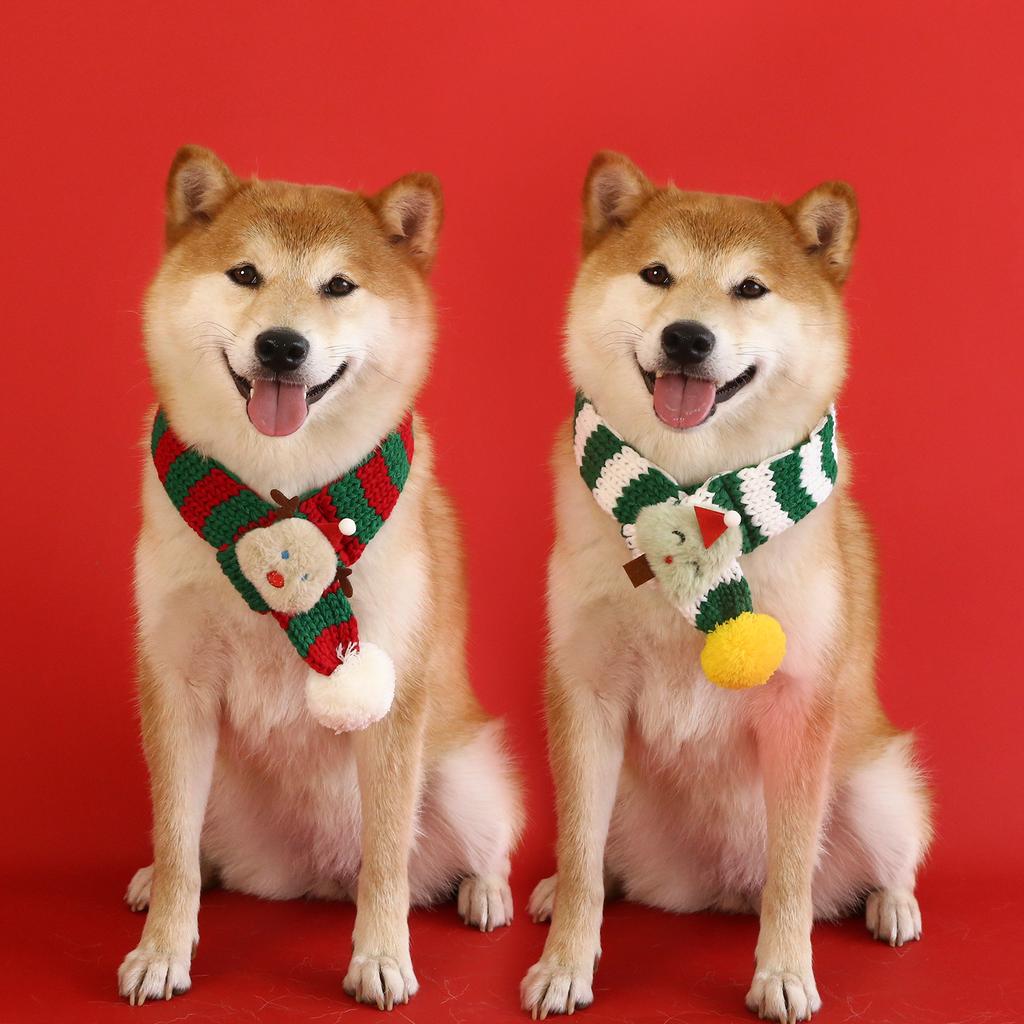 Pet Yarn Christmas Scarf Striped Ball Christmas Tree Snowman Reindeer Cartoon Hat Accessories Dog Scarf Puppy Accessories