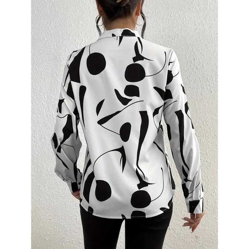 Women's Fashion Casual Spring Autumn Colour Block Print Long Sleeve V-Neck Blouses Shirts