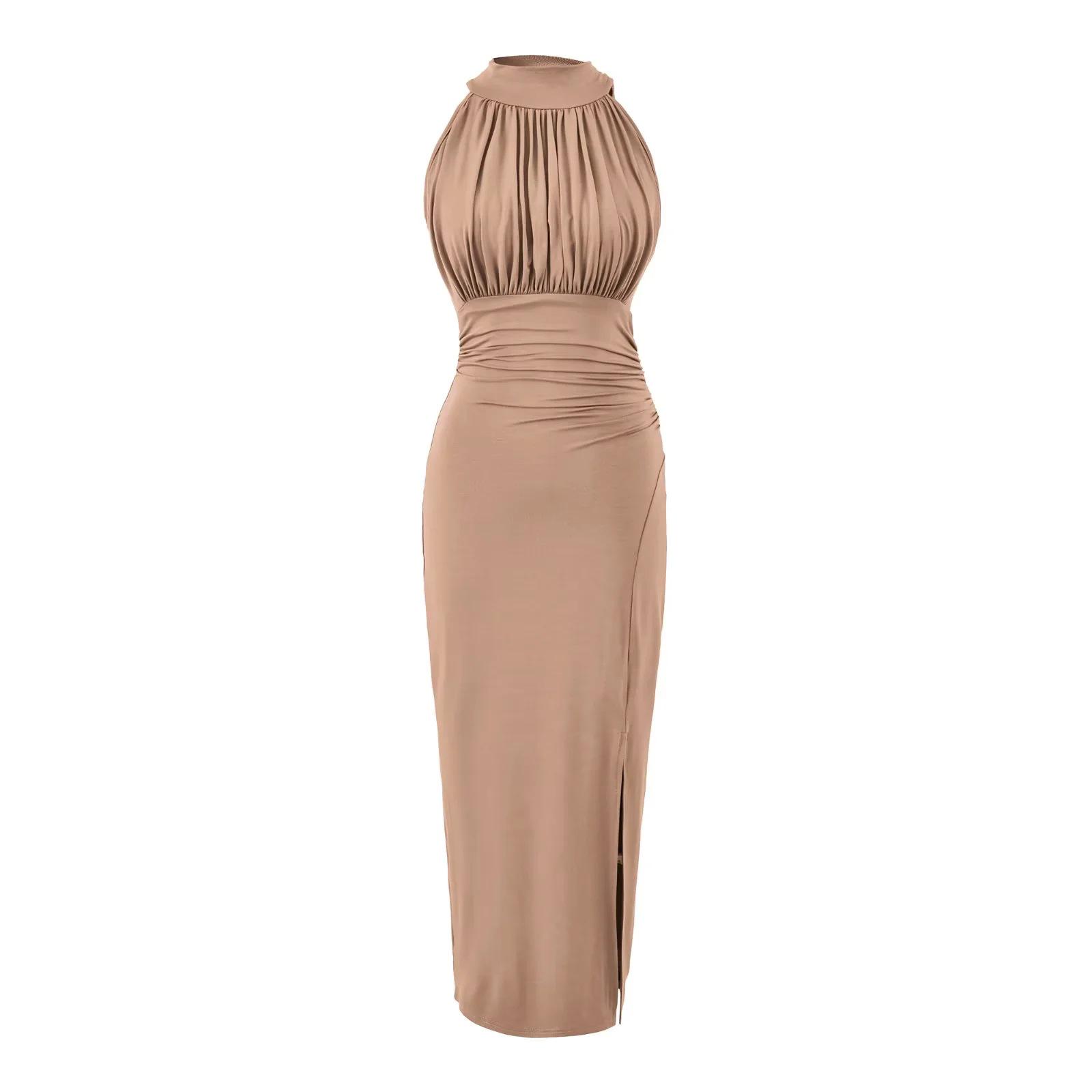 

Spicy American Girl Halter Neck Padded Bust Dress: Sexy Waist-Cinched Bodycon with Flowy Sleeves & Pleats, Slit Long Dress for Autumn/Winter Small
