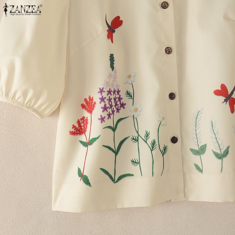 ZANZEA Women Turn Down Collar Casual Floral Print Short Sleeve Blouse