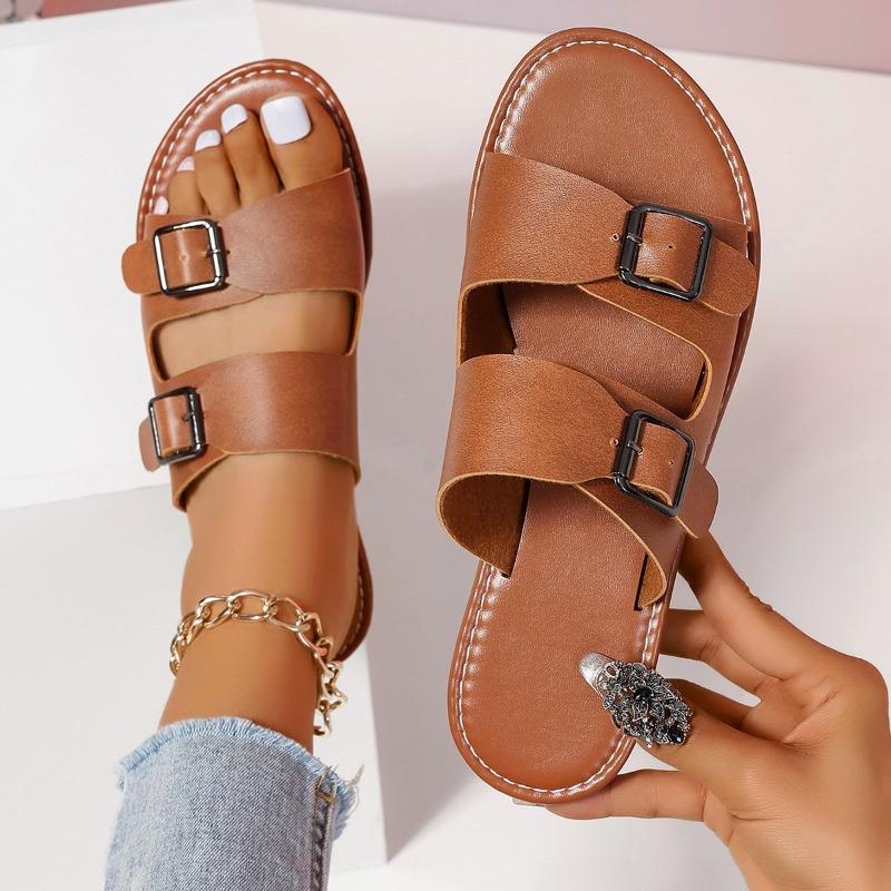

Flat bottom belt buckle slippers new soft bottom foot cover mouth sandals 43 светло-коричневого