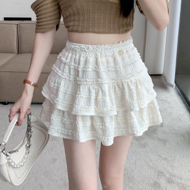 Women s High Waist A-line Lace Ruffle Skirt - White Ballet Style, Fluffy and Slimming for Summer Small
